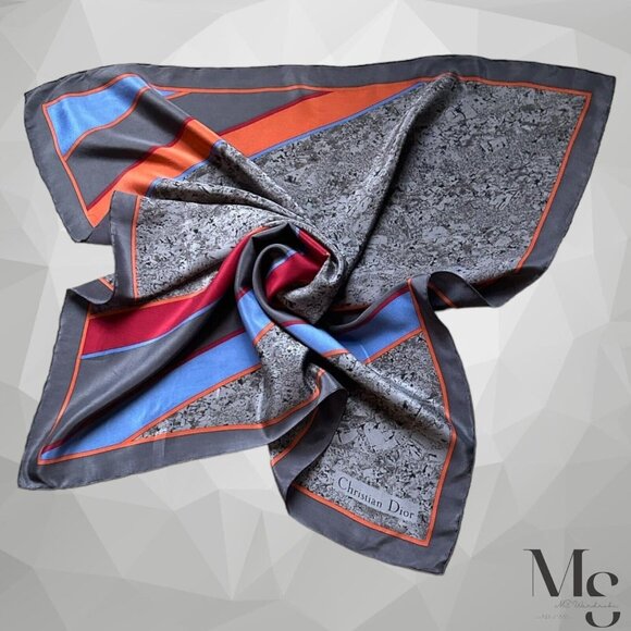 CHRISTIAN DIOR Gray Geometric Silk Scarf 31’’- 28.8’’ EX COND - Picture 2 of 5